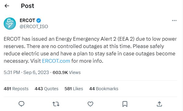 The image appears to be a Twitter post from an account named "ERCOT" (a Texas-based electricity grid operator) that says: "ERCOT has issued an Energy Emergency Alert 2 (EEA 2) due to low power reserves. There are no controlled outages at this time." The post is likely a response to a power grid emergency, but it's unclear what exactly is happening. The tone is calm and reassuring, but it's also somewhat ironic given that it's being sent to a platform that’s known for its massive, often chaotic, and often out-of-…